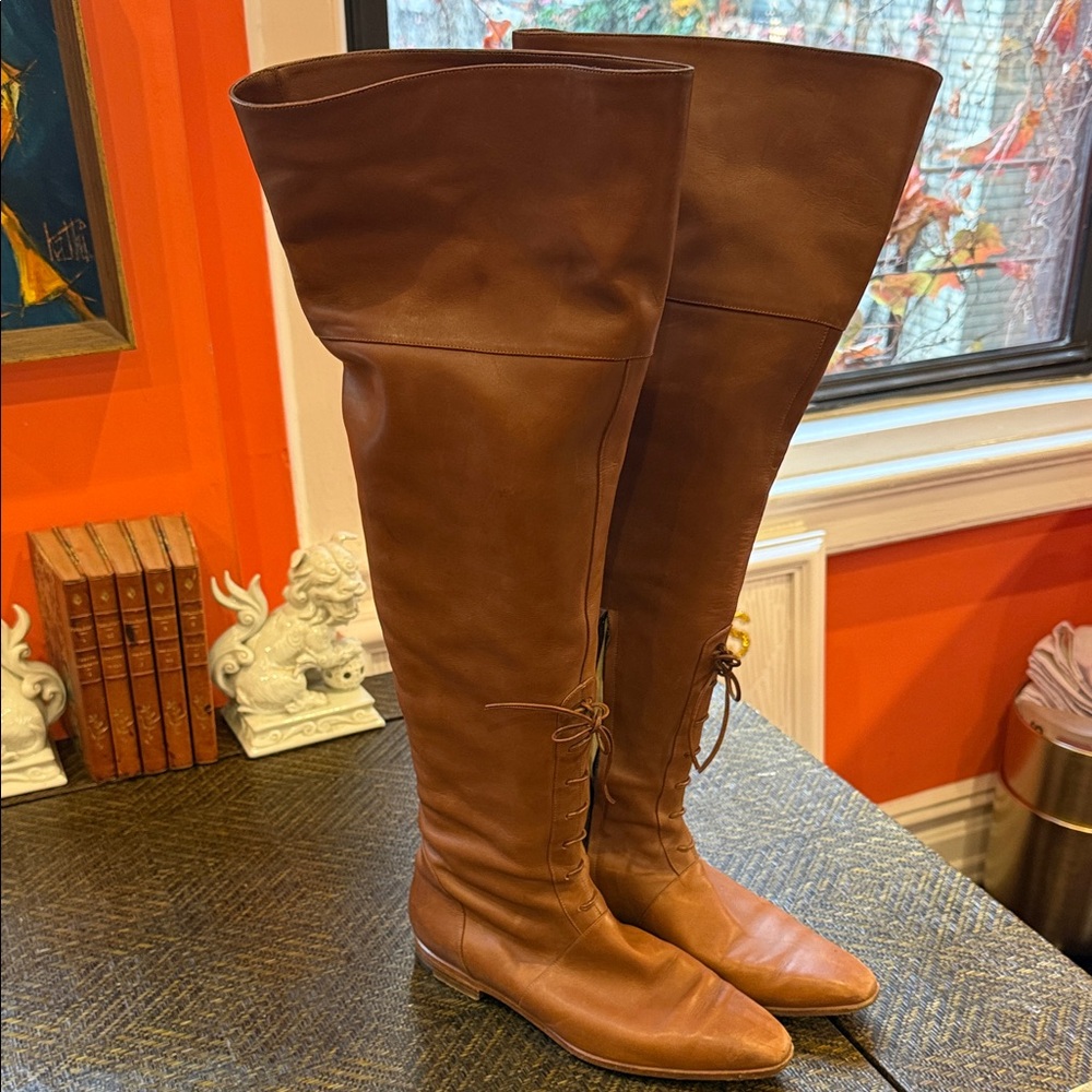 Diego Della Valle Brown Leather Over the Knee-High Boots Sz 39 beautiful